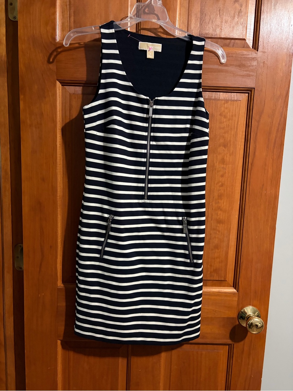 Michael Kors Navy and White Striped Sleeveless Zip-Front Dress